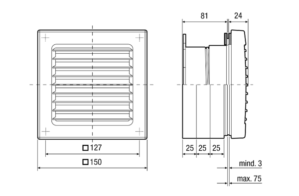 FE 100/1 SG IM0015858.PNG Fenstereinbausatz mit feststehendem Außengitter FE 100/1 SG für die Ventilatoren-Baureihe ECA 100 ipro. Ventilator nicht im Lieferumfang enthalten.