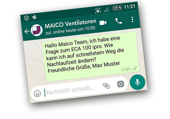 WhatsApp Nachricht an Maico bezüglich der automatischen Kellerentlüftung