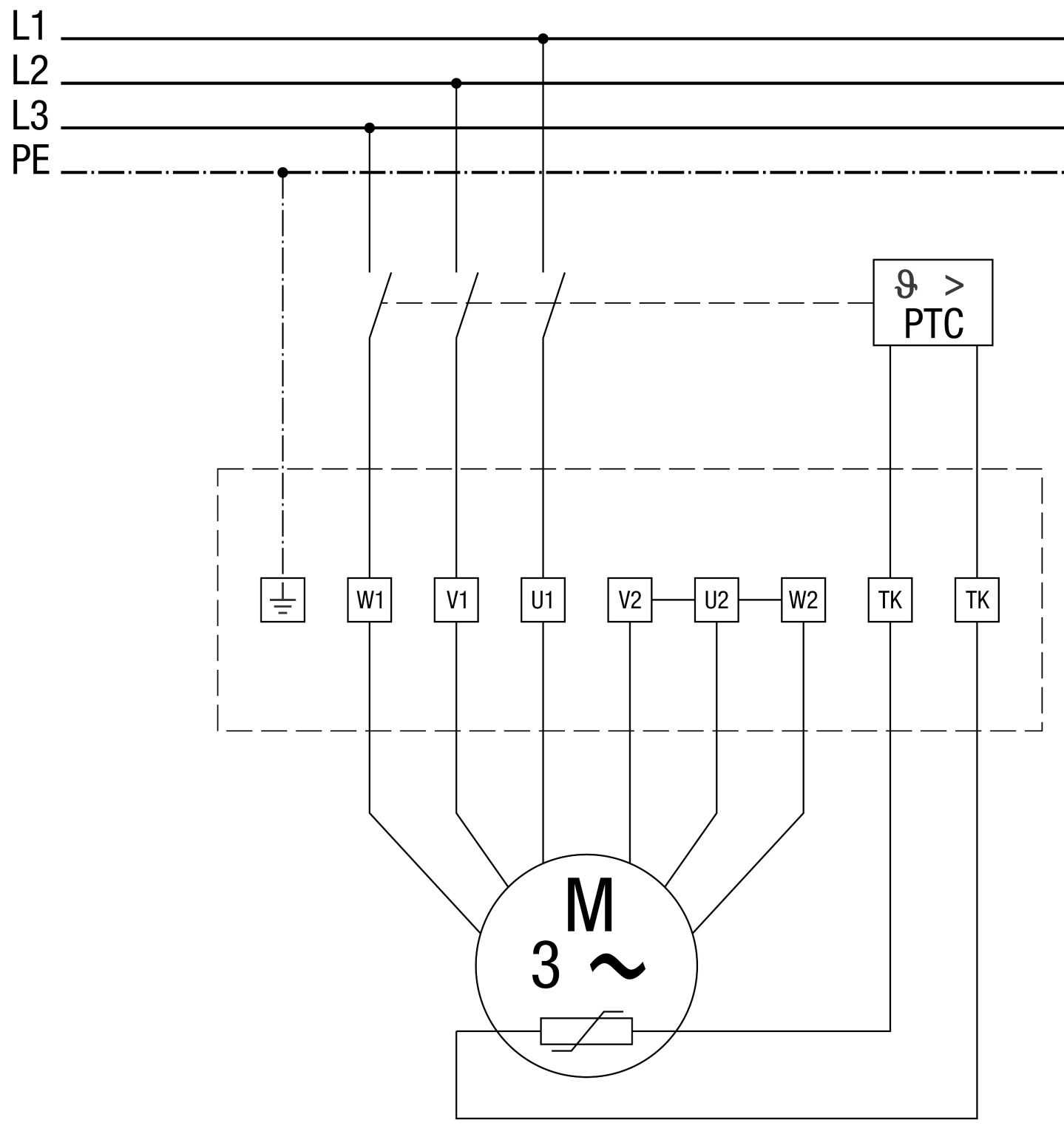 Schema de conexiuni de racordare 3 faze cu sistem de declanşare cu termistor