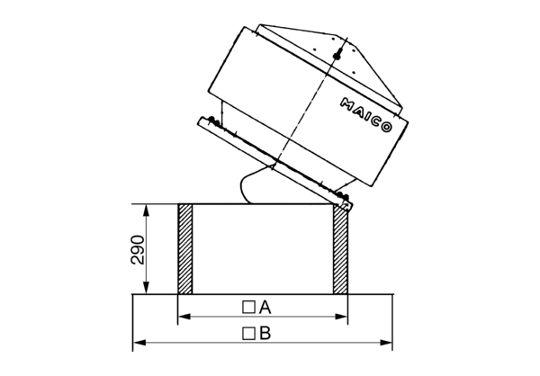 SOK 35 IM0000997.PNG Flat roof socket for assembly of roof fans, with tilting device to move the fan out of the way when working on the ventilation duct, DN 355 mm