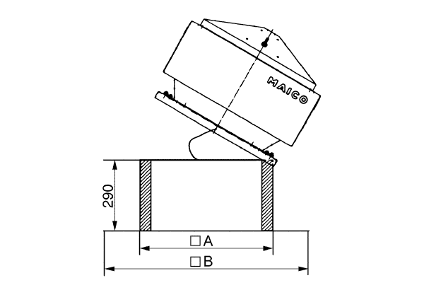 SOK 18 IM0000997.PNG Postolje za ravni krov za montažu krovnih ventilatora, s nagibnom napravom za nagibanje ventilatora pri radovima na ventilacijskom kanalu, DN 180 mm