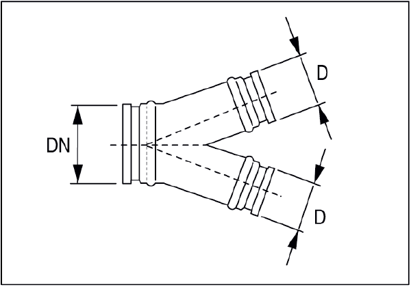 HST 150 IM0001188.PNG 45°-os kettős elágazású csőidom gördülő tömítő gyűrűvel, spirálisan korcolt csövekhez, DN 150 - DN 100
