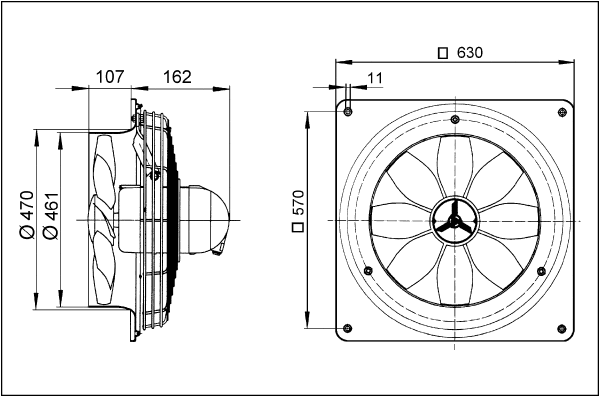 DZQ 45/6 B Ex t IM0001455.PNG Axial-Wandventilator mit quadratischer Wandplatte, DN450, Drehstrom, explosionsgeschützt, Medium: Staub