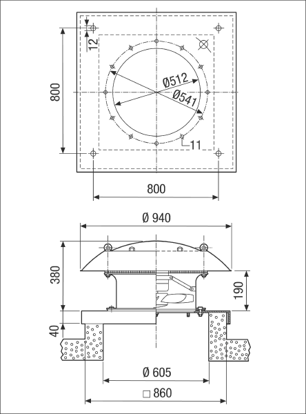 DZD 50/6 B Ex t IM0001615.PNG Osiowy wentylator dachowy z poziomym wyrzutem powietrza, DN 500, prąd trójfazowy, konstrukcja przeciwwybuchowa, medium: pył