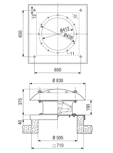EZD 40/4 B IM0001621.PNG Tourelle d'extraction hélicoïde, à soufflage horizontal, DN 400, courant alternatif