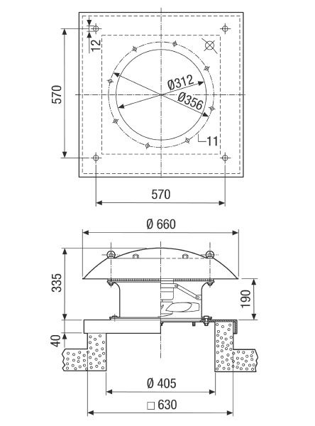 DZD 30/6 B Ex t IM0001636.PNG Axial roof fan, horizontal air outlet, DN300, three-phase AC, explosion-proof, medium: dust
