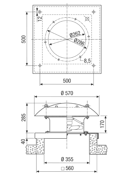 DZD 25/4 B Ex t IM0001651.PNG Axial roof fan, horizontal air outlet, DN250, three-phase AC, explosion-proof, medium: dust