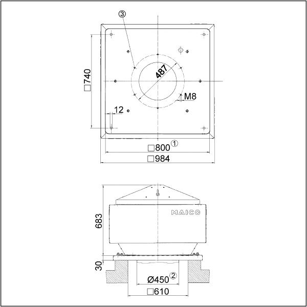 DRD 45/6 B IM0001660.PNG Tourelle d'extraction centrifuge, à jet d'air vertical, DN 450, courant triphasé