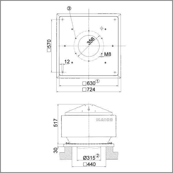 DRD 31/6 B IM0001669.PNG Центробежный крышный вентилятор, с вертикальным выбросом, DN315, трехфазный