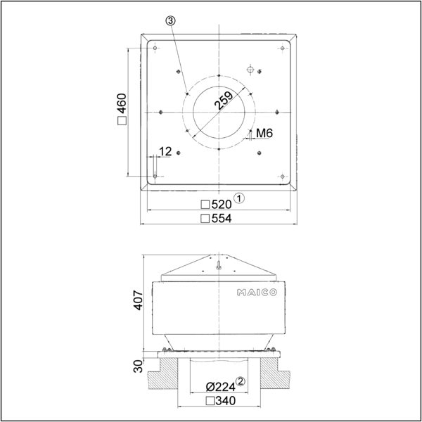 GRD 22 IM0001676.PNG Radial-Dachventilator mit EC-Motor mit integrierter Steuerung für konstanten Druck oder konstanten Volumenstrom,  DN 224