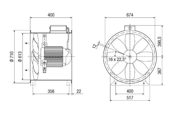 DZR 60/84 B IM0001699.PNG Axiál csőventilátor, DN 600, háromfázisú váltóáram, váltható pólusú