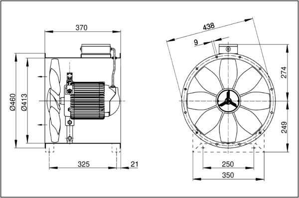 DZR 40/64 B IM0001711.PNG Axiální potrubní ventilátor, DN400, třífázový, dvoje otáčky