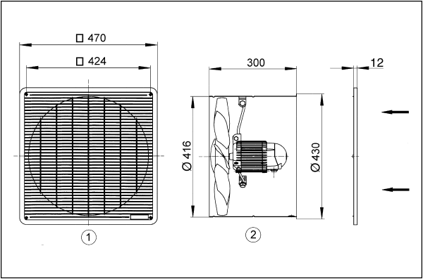 DZF 40/8 B IM0001764.PNG Axiální nástěnný vestavný ventilátor pro zapuštěnou instalaci, DN 400, třífázový proud