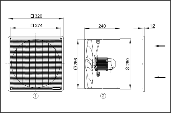 EZF 25/4 D IM0001790.PNG Axiální nástěnný ventilátor zapuštěný, DN250, jednofázový