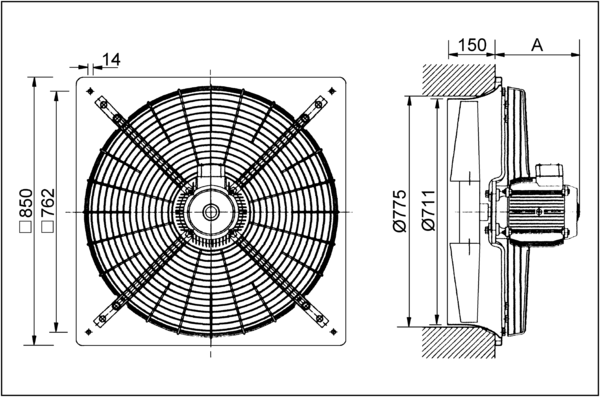DZQ 71/6 A IM0001837.PNG Axiální nástěnný ventilátor se čtvercovou základnou, DN 710, třífázový