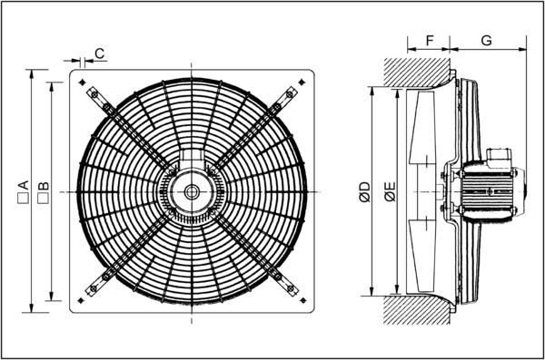 DZQ 71/4 IM0001838.PNG Axiál fali ventilátor négyszögletes fali lemezzel, DN 710, háromfázisú váltóáram