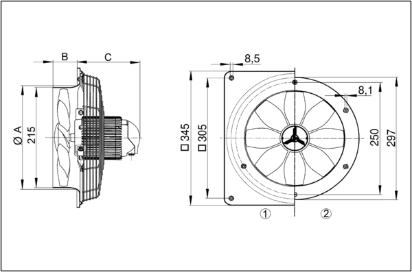 DZS 20/2 B IM0002020.PNG Axiální nástěnný ventilátor s kruhovou základnou, DN200, třífázový