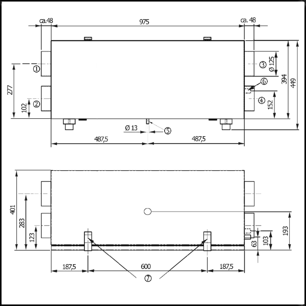 WS 150 L IM0002133.PNG Appareil de ventilation centralisé à récupération de chaleur très efficace par le biais d'un échangeur de chaleur à courants croisés, moteurs EC à régulation en permanence du débit d'air, air entrant et sortant à gauche, 4 x DN 125, homologation DIBT, 70 - 165 m³/h, raccordement KNX possible