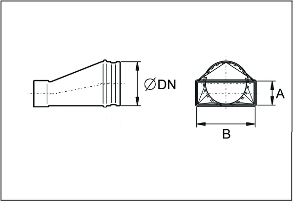 USAN80/150/100 IM0003403.PNG Élément de transition asymétrique 80/150 à D=100 mm, tôle d'acier, galvanisé Sendzimir, pour raccord avec l'adaptateur enfichable MF-WE