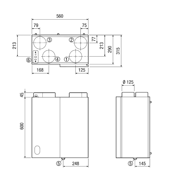 WRG 180 EC IM0006072.PNG Centralised ventilation unit with very effective heat recovery through cross-counterflow exchanger, EC motors with constant volumetric flow regulation, 4 x DN 125, passive-energy house approval, 70 - 165 m³/h, KNX connection possible