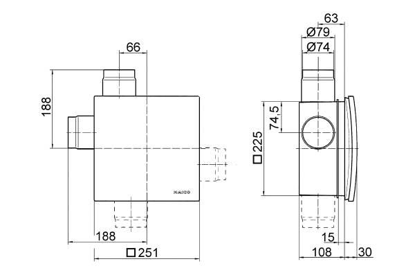 ER - UP/G IM0006355.PNG Recessed-mounted housing with plastic exhaust socket for fitting an ER 60 / ER100 fan or Centro-M / Centro-E / Centro-H exhaust air element, second room connection possible␍ on right/left/at bottom