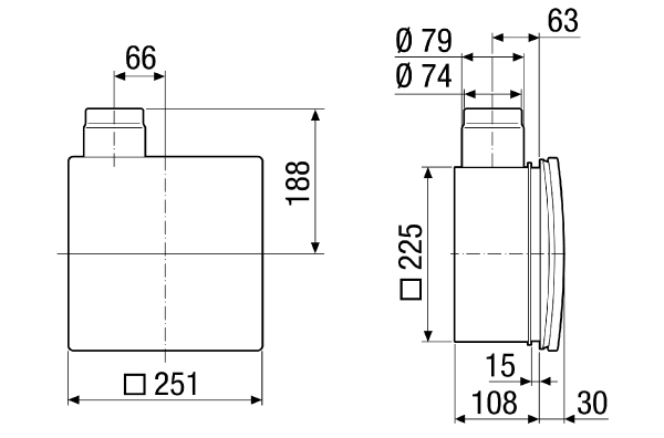 ER - UPD IM0006366.PNG Podžbukno kućište s protupožarnim uređajem za isključivanje za prihvat ventilatora ER 60/ER 100 ili elementa za odsisni zrak Centro-M/Centro-E/Centro-H, moguć spoj za drugu prostoriju desno/lijevo/dolje