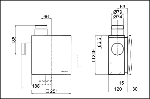 ER - UPB/R IM0006377.PNG Protipožární zapuštěné pouzdro s protipožární uzavírací klapkou pro všechny protipožární systémy pro vsazení ventilátorové sady ER 60/ ER 100 nebo ventilačního prvku Centro-E/ Centro-M/ Centro-H, připojení druhé místnosti vpravo