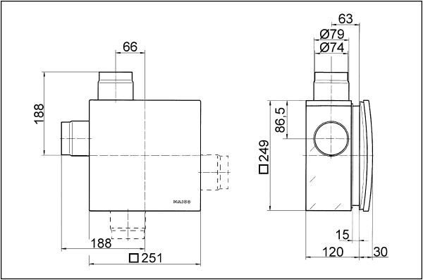 ER - UPB/R IM0006377.PNG Fire protection recessed-mounted housing with fire protection shut-off device for all fire protection systems for fitting an ER 60 / ER100 fan insert or Centro-M / Centro-E / Centro-H exhaust air element, second room connection right