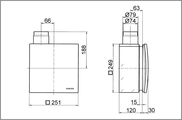 ER - UPB/L IM0006379.PNG Fire protection recessed-mounted housing with fire protection shut-off device for all fire protection systems for fitting an ER 60 / ER100 fan insert or Centro-M / Centro-E / Centro-H exhaust air element, second room connection left