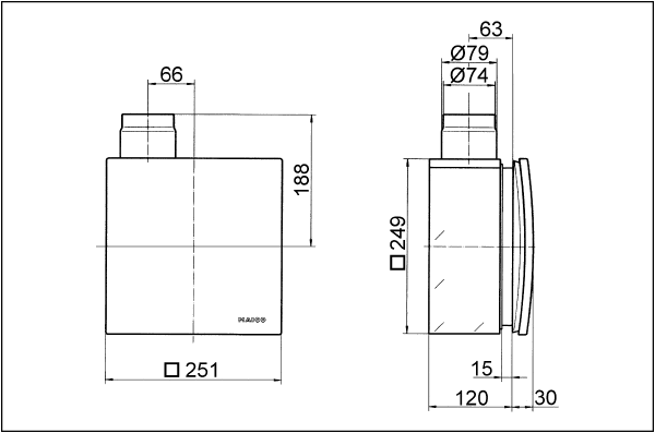 ER - UPB/L IM0006379.PNG Protupožarno podžbukno kućište s protupožarnim uređajem za isključivanje za sve protupožarne sustave za prihvat elementa ventilatora ER 60/ER 100 ili elementa za odsisni zrak Centro-M/Centro-E/Centro-H, spoj za drugu prostoriju lijevo