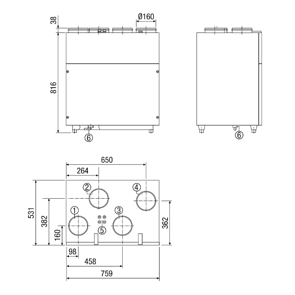 WS 250 IM0006406.PNG Appareil de ventilation centralisé à récupération de chaleur très efficace, moteurs EC à régulation en permanence du débit d'air, 4 x DN 160, y compris module de commande numérique, chauffage antigel, bypass, homologation DIBT et maison passive, 100 - 250 m³/h, raccordement KNX possible