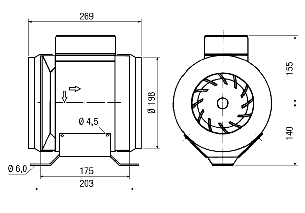 ERM 22 IM0006485.PNG Semi-centrifugal duct fan, single-phase AC, with 2 reducers to DN 200