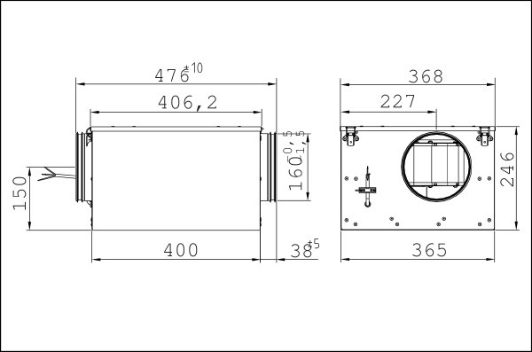 ESR 16/1 IM0006503.PNG Zvučno izolirana ventilacijska kutija, DN 160, jednofazna struja