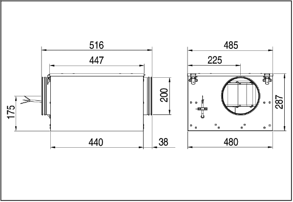 ESR 20 S IM0006545.PNG Schallgedämmte Lüftungsbox mit ausschwenkbarem Ventilator, DN200, Wechselstrom