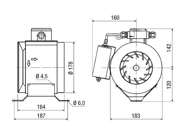 ERM 18 Ex t IM0006601.PNG Poluradijalni cijevni ventilator, DN 180, jednofazna struja 230 V/50 Hz, protueksplozivna zaštita, medij: prašina