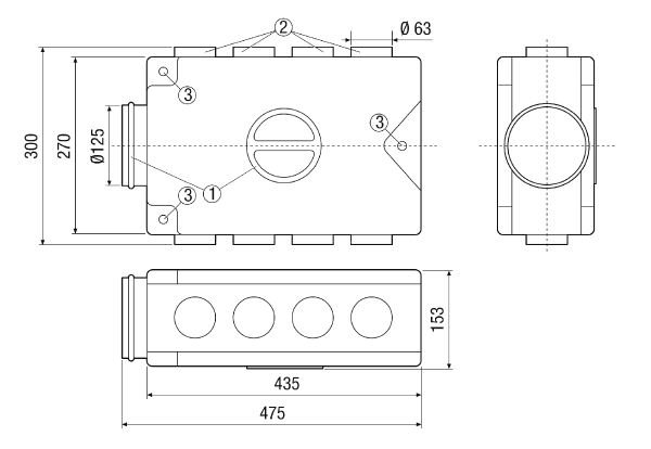 MF-V63 IM0008122.PNG Air distributor made of sound-insulating plastic, with inspection opening, for 8 x MF-F63 flexible ducts, DN 125 feed duct, width x height x depth: 475 x 153 x 300 mm