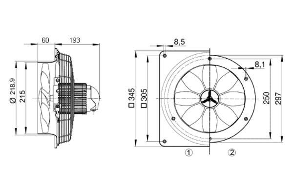 DZS 20/2 B IM0008199.PNG Axiální nástěnný ventilátor s kruhovou základnou, DN200, třífázový
