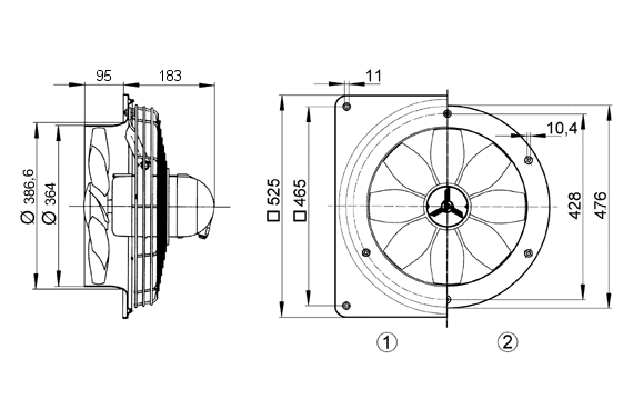 DZS 35/6 B Ex t IM0008220.PNG Axial wall-mounted fan with steel wall ring, DN350, three-phase AC, explosion-proof, medium: dust