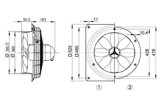 DZQ 35/6 B Ex t IM0008223.PNG Axial wall-mounted fan with square wall plate, DN350, three-phase AC, explosion-proof, medium: dust