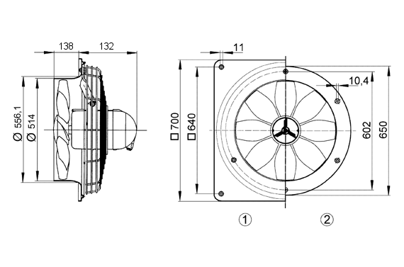DZS 50/6 B Ex e IM0008228.PNG Ventilateur hélicoïde mural avec anneau mural en acier, DN 500, courant triphasé, antidéflagrant, fluide : gaz