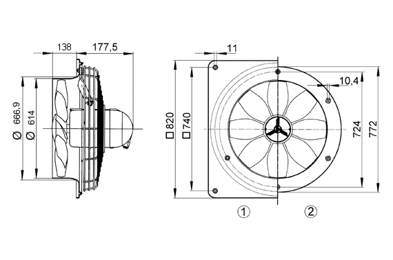DZS 60/6 B Ex e IM0008231.PNG Ventilateur hélicoïde mural avec anneau mural en acier, DN 600, courant triphasé, antidéflagrant, fluide : gaz
