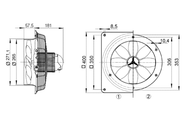 DZQ 25/84 B IM0008233.PNG Axiální nástěnný ventilátor se čtvercovou základnou, DN250, třífázový, dvoje otáčky
