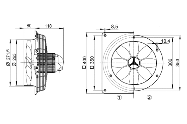 EZS 25/4 E IM0008238.PNG Axiální nástěnný ventilátor s kruhovou základnou, DN250, jednofázový