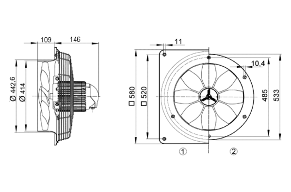 DZS 40/8 B IM0008247.PNG Axial wall fan with steel wall ring, DN 400, three-phase AC