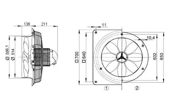 DZS 50/64 B IM0008256.PNG Ventilateur hélicoïde mural avec anneau mural en acier, DN 500, courant triphasé, avec inverseur de polarité