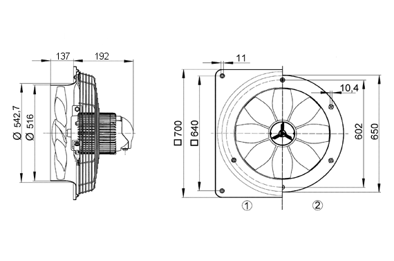 EZQ 50/8 B IM0008259.PNG Axial wall fan with square wall plate, DN 500, single-phase AC