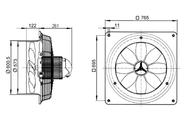 DZQ 56/4 B IM0008262.PNG Axiální nástěnný ventilátor se čtvercovou základnou, DN560, třífázový