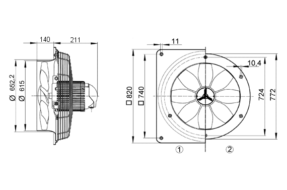 DZQ 60/126 B IM0008266.PNG Ventilateur hélicoïde mural avec platine murale carrée, DN 600, courant triphasé, avec inverseur de polarité