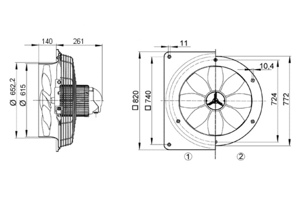 DZQ 60/84 B IM0008267.PNG Axiální nástěnný ventilátor se čtvercovou základnou, DN600, třífázový, dvoje otáčky