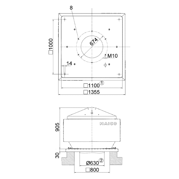 DRD 63/86 IM0009084.PNG Radial roof fan, with vertical air outlet, DN 630, three-phase AC, pole changeable